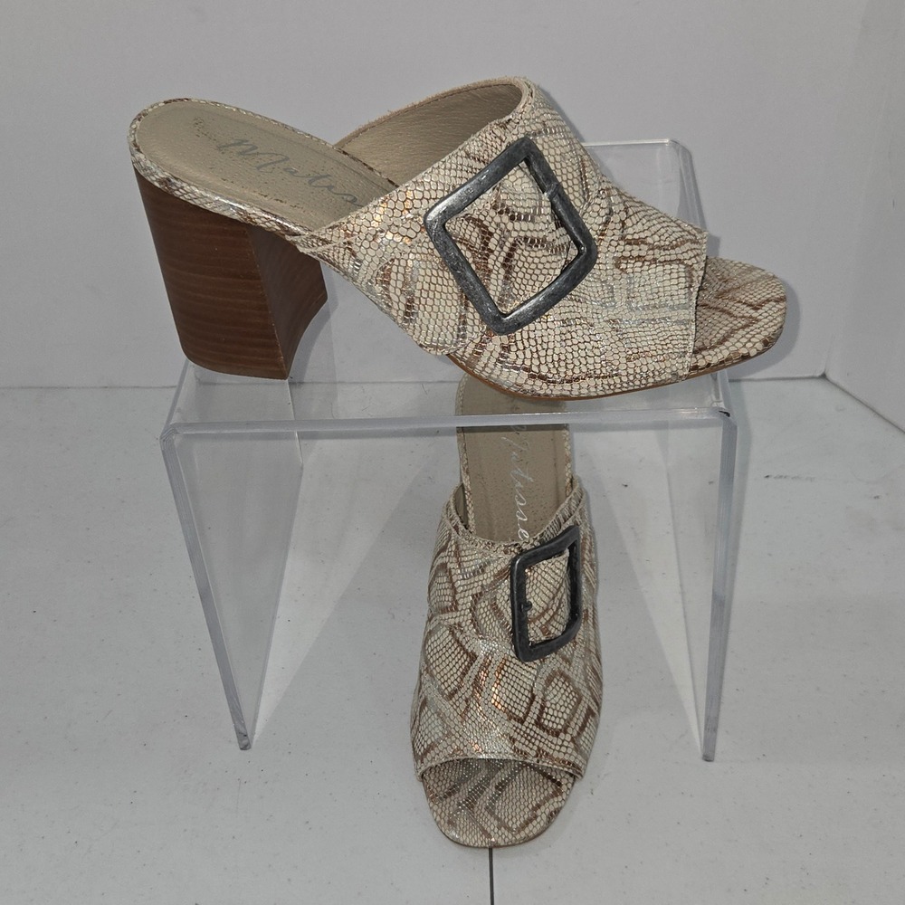 Matisse Beatrice Snake Print Leather Buckle Block Heel Slide Sandals Cream 8.5M